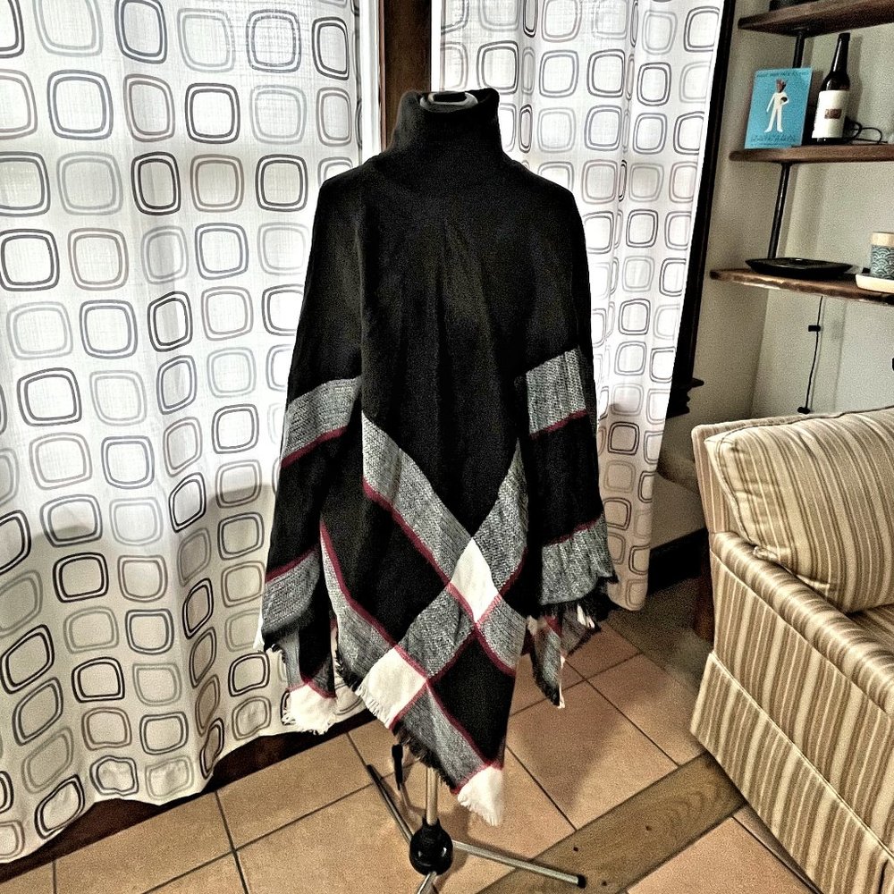 2 FOR $25 - Plaid Turtleneck Sweater Poncho (Black/Red/White) - One Size - NWT